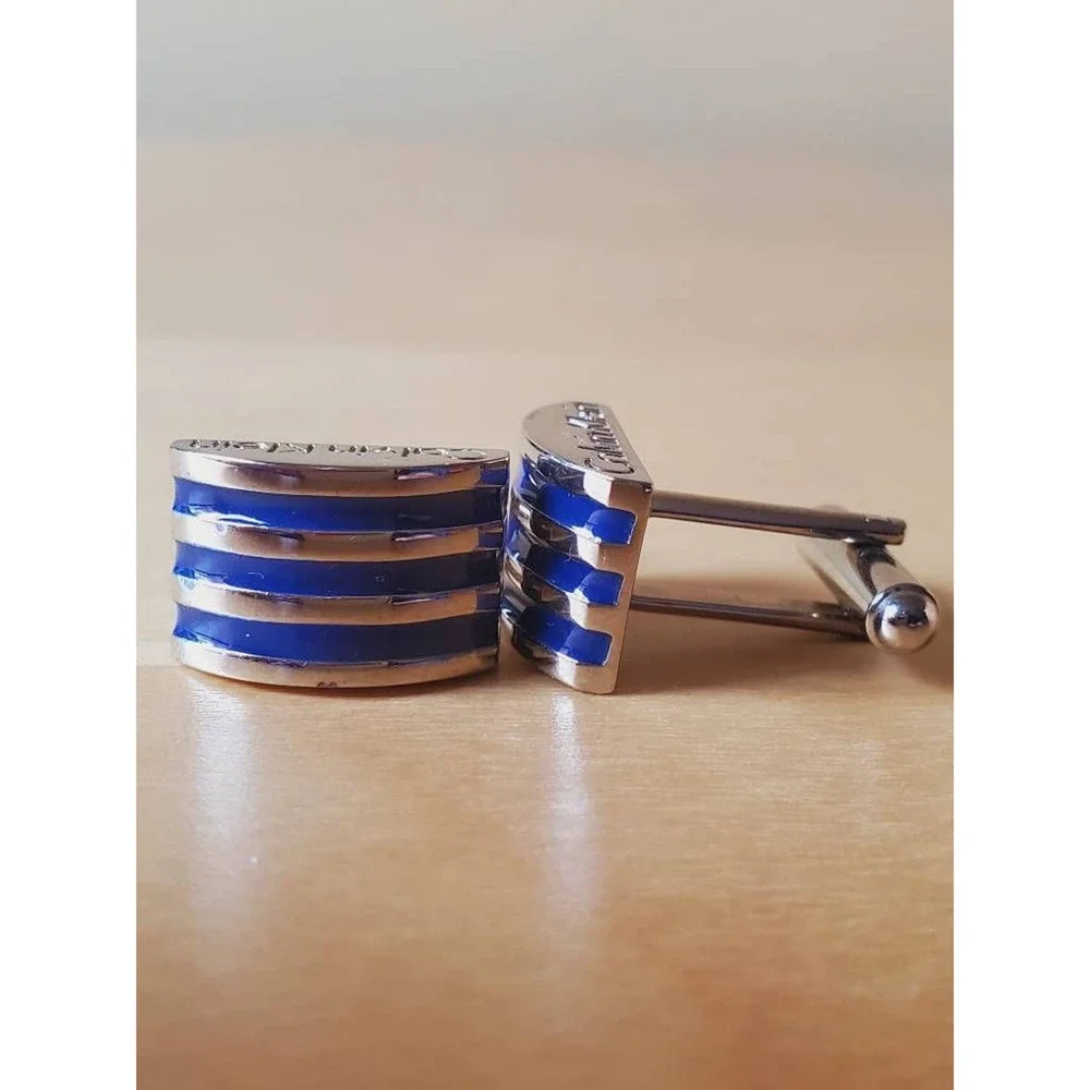 Calvin Klein Mens Silver Tone Cufflinks Blue Stripes Half Moon Shape Bullet Back